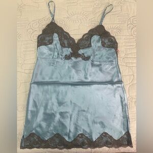 NEW Gold Hawk Two Tone V-Back Lace Chemise Silk Cami L Niagara Blue Brown Lace